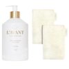 L'AVANT Collective The Ultimate Dish Wash Duo, Natural Luxury Dish Soap 16 Fl Oz with Refillable Glass Pump Bottle & 2 Loofah Dish Sponges for Pots, Pans, Dishes and Kitchen Cleaning, Fresh Linen