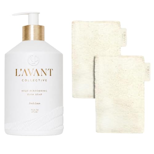 L'AVANT Collective The Ultimate Dish Wash Duo, Natural Luxury Dish Soap 16 Fl Oz with Refillable Glass Pump Bottle & 2 Loofah Dish Sponges for Pots, Pans, Dishes and Kitchen Cleaning, Fresh Linen