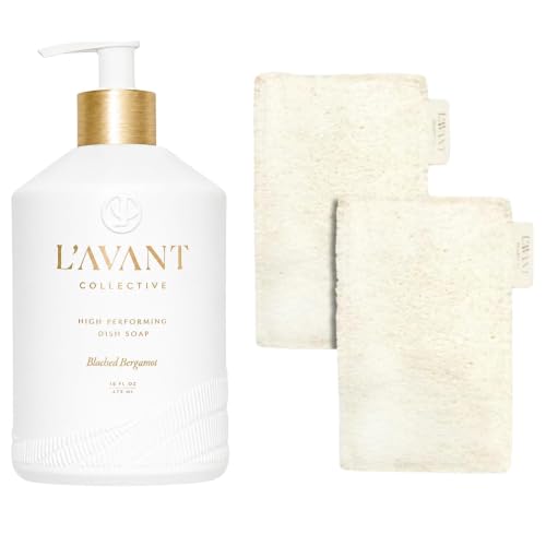 L'AVANT Collective The Ultimate Dish Wash Duo, Natural Luxury Dish Soap 16 Fl Oz with Refillable Glass Pump Bottle & 2 Loofah Dish Sponges for Pots, Pans, Dishes and Kitchen Cleaning, Blushed Bergamot