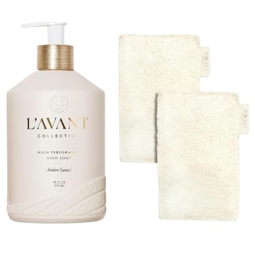 L'AVANT Collective The Ultimate Dish Wash Duo, Natural Luxury Dish Soap 16 Fl Oz with Refillable Glass Pump Bottle & 2 Loofah Dish Sponges for Pots, Pans, Dishes and Kitchen Cleaning, Ambre Santal
