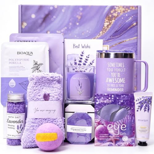 Lavender Spa Gift Baskets for Women - 10 Pcs Happy Birthday Gifts for Women, Unique Relaxation Spa Gift Christmas Ideas Relaxing, Valentine's Day Self-Care Gift Basket for Mom, Wife, Girlfriend