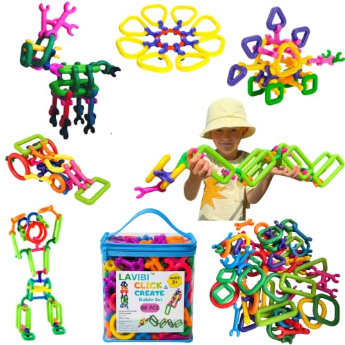 LAVIBI Click & Create Builder Set (80 pcs) - STEM Educational Interlocking Building Blocks for Kids Ages 2-7, Creative Construction Toy for Boys & Girls, Colorful Fine Motor Skills Toy