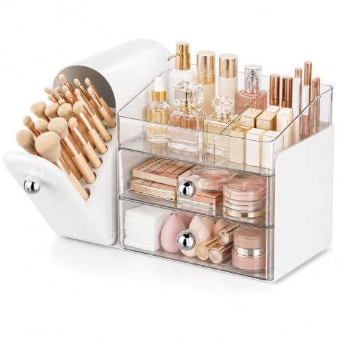 LavStow cosmetic organizer box (with dustproof makeup brush holder), large-capacity double-drawer vanity organizer, specially designed for storing lipsticks,eyeshadow palettes and makeup brushes