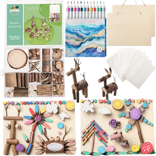 LAZACA Arts and Crafts Kit Wooden Creativity Painting Set for Kids, DIY Loose Part Play Projects Parties Camping Homeschool Supplies, Unfinished Natural Wood Slices Sticks Set for 5+ Size-21X17X4cm