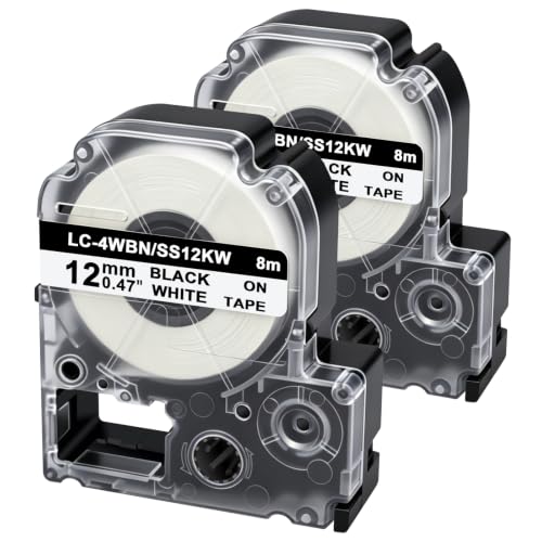 LC-4WBN Label Tape Compatible with Epson Label Maker Tape SS12KW LK-4WBN 4WBN9 12mm 1/2" Black on White use for Epson LabelWorks LW-C610PX LW-400 LW-PX300 LW-700 LW-PX400 LW-300, 2-Pack