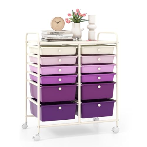 LDAILY 12 Drawer Rolling Storage Cart, Craft Cart Organizer on Wheels with Metal Frame, Large Capacity & Smooth Drawers for Living Room, Classroom, Office (Gradient Purple)
