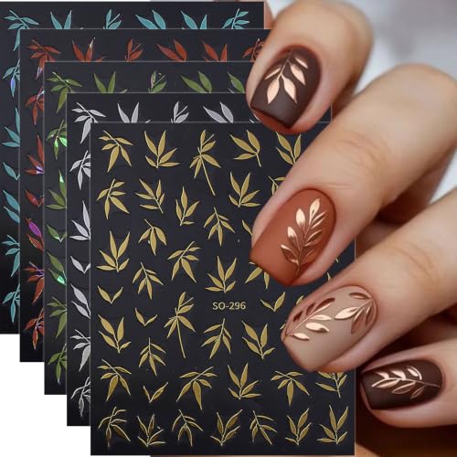 Leaf Nail Art Stickers Fall Nail Decals 5PCS Self-Adhesive Red Blue Green Silvery Gold Bamboo Leaves Glitter Nail Art Design Sticker Fall Leaf Nail Stickers for DIY Manicure Decorations
