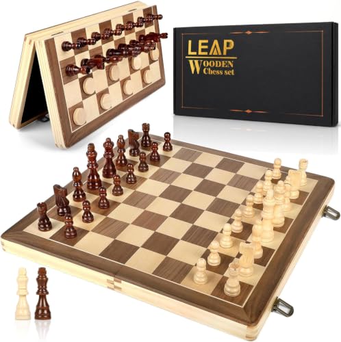 LEAP Magnetic Wooden Chess Sets 15.5 inch Foldable Chess Board 3 inch King Height Chess Pieces Travel Chess Sets, Chess Board Set with 2 Extra Pieces and Storage Slots for Beginer, Adults