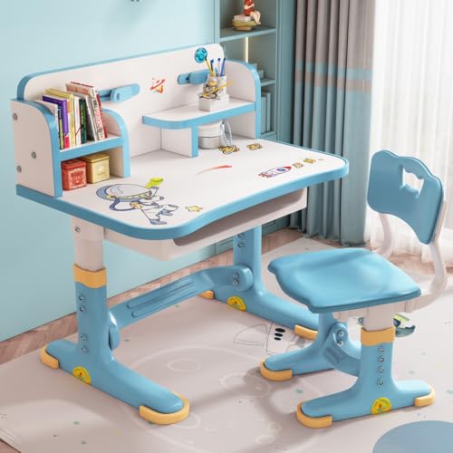 LEAQU Kids Study Desk Chair Set Adjustable Height Writing Station with Spacious Drawer Cartoon Pattern Ergonomic Furniture for Ages 3-16 Home Classroom School Supplies Table Blue