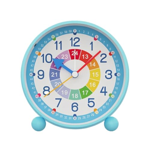 Learning Clock for Kids, Colorful Silent Educational Teaching Clock with Minute/Hour Labels/24-Hour, Non-Ticking Desktop Alarm Clock with Night Light, Gifts for Children Learn to Tell Time (Blue)