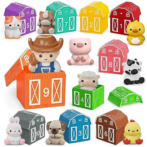 Learning Toy for Toddlers 1 2 3+ Years Old, 20 PCS Farm Animal Barn playset & Finger Puppets, Montessori toys for Kids,10 Animals & 10 Barns for Babies Boys Girls Easter Christmas Birthday Gift