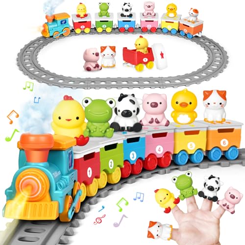 Learning Toy for Toddlers Ages 2-4, Electric Toys Trains with Lights, Music & Steam, Counting, Matching & Sorting Montessori Toy with 6 Finger Puppets, Birthday Xmas Gifts for Baby Boys Girls 18M+