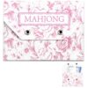 Leather Mahjong Card Clutch Holder Pouch Chinoiserie Elegant Floral Print Protective Cover Case 8x6 Inch Waterproof bag Secure Closure Mahjong Accessories Gift for Board Game Party Travel(Pink)