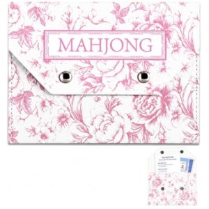 Leather Mahjong Card Clutch Holder Pouch Chinoiserie Elegant Floral Print Protective Cover Case 8x6 Inch Waterproof bag Secure Closure Mahjong Accessories Gift for Board Game Party Travel(Pink)