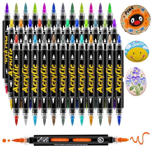 Lebsytb 36 Colors Dual Tip Acrylic Paint Markers, Brush Tip and Fine Tip Automatic Ink Control, Long-Lasting & Waterproof Acrylic Paint Pens for Rock, Canvas, Wood, Ceramic, Glass, Fabric