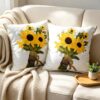 Leebright 2PCS Embroidered Throw Pillow Covers Sunflowers Decorative Flowers Pillow Covers Cotton Linen for Couch Sofa Bed Living Bedroom, 18x18 Inch Farmhouse Floral Pillowcase