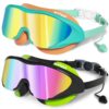 LEEIGGT Swimming Goggles for Kids 8-14, 2 Pack Anti Fog UV Kids Swim Goggles with Ear Plugs Attached