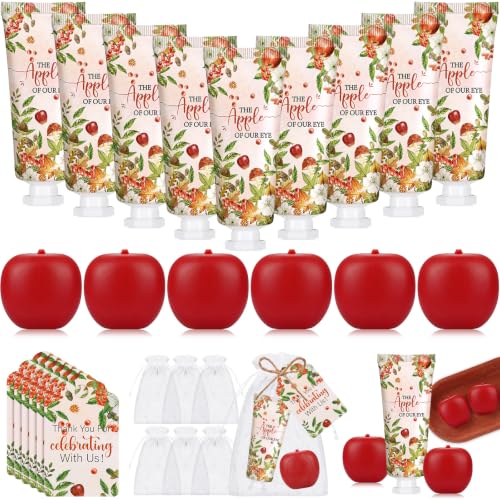 Leelosp 24 Set/96pcs Apple of Our Eye Baby Shower Favors, Apples Baby Shower Hand Cream and Soap Gifts Bulk with Organza Bags and Thank You Cards, Fall Party Supplies for Guest (Red, Apple)