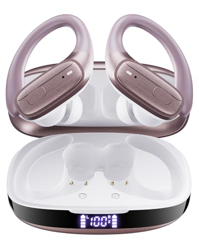 LEEMC Wireless Earbuds, Bluetooth Headphones 5.4, 80Hr Playtime Ear Buds with Hooks for Sports, Noise Canceling, LED Display, IPX7 Waterproof Earphones for Workout Running, Rosegold