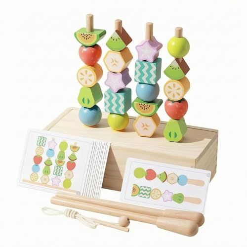 LeeQinersw Children Learning Beads Wooden Fruit Themed Threading Blocks with Lacing String Pattern Cards Storage Box for Sequencing Shape Recognition Suitable for Classroom playroom