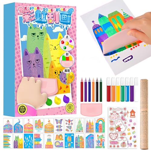 LEERYOUQU Magic Rainbow Scratch Art, Creative Squeegee Painting Kits, Rainbow Scratch Paper Art Set, DIY Postcards Scrath Art Party Favors Novelty Gifts for Girls Boys