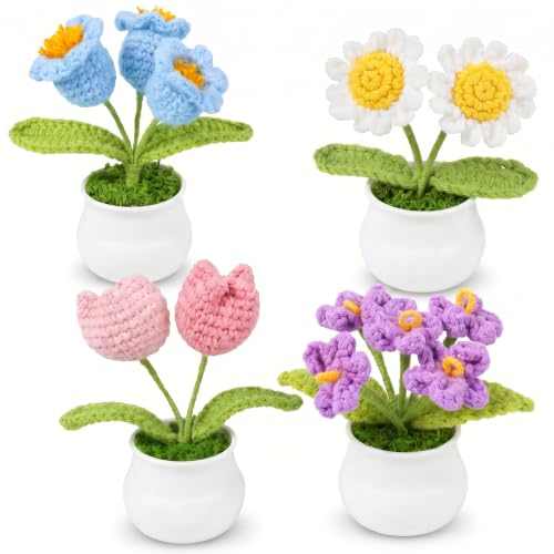 Leezmark 4 Pcs Crochet Flowers Bulk, Forget-Me-Not, Daisy, Tulip, Lily of The Valley Potted Plants, Cute Desk Decor, Crochet Plants Gifts for Mom, Teacher, Classmate, Colleague, Friend
