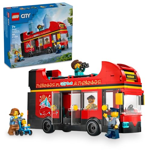 LEGO City Red Double-Decker Sightseeing Bus Toy Vehicle Set, Birthday Gift for 7 Year Olds, for Kids, Double-Decker London Bus Toy, 5 Characters Including a Baby and Stroller, 60407