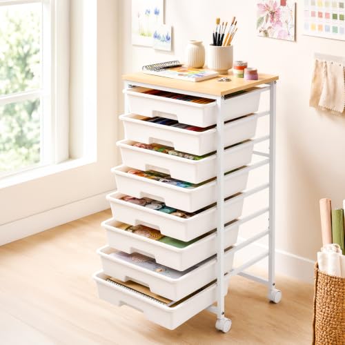 LEHOM Rolling Storage Cart with 8 Drawers, Utility Cart on Wheels with Metal Frame and Wooden Tabletop for Living Room Bedroom Dorm, Office Storage & Art Supply Craft Organizer for Classroom