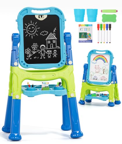 Lehoo Castle Easel for Kids, Adjustable Standing Art Easel for Kids 3 4, Magnetic Chalkboard Whiteboard with Drawing Accessories, Gifts for Toddler Boys Girls