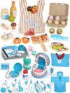 Lehoo Castle Grocery Food Toys & Dentist Play Set, Include Cutting Fruits Vegetables Meat Fish Shopping Bag, Dental Tools Doctor Costume and Medical Bags