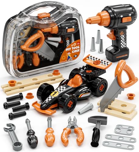 Lehoo Castle Kids Tool Set, Toddler Tool Set with Tool Box, Construction Tools for Kids with Toy Drill & Take Apart Race Car, STEM Learning Toys Birthday Gifts for Kids Ages 3 4 5 6