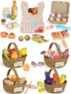 Lehoo Castle Wooden Play Food Sets for Kids Kitchen, Cutting Fruits Vegetables Meat Fish Desserts & Shopping Bag & 4 Storage Baskets, Pretend Play Kitchen Accessories Gift for Boys Girls