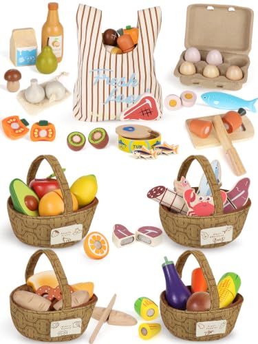 Lehoo Castle Wooden Play Food Sets for Kids Kitchen, Cutting Fruits Vegetables Meat Fish Desserts & Shopping Bag & 4 Storage Baskets, Pretend Play Kitchen Accessories Gift for Boys Girls