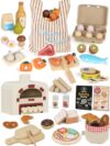Lehoo Castle Wooden Play Food Toys, Pizza Oven Playset, Cutting Fruits Vegetables Meat Fish Desserts & Shopping Bag, Pretend Play Kitchen Accessories Gift for Boys Girls