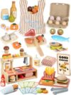 Lehoo Castle Wooden Play Food Toys, Play Hamburger Counter, Cutting Fruits Vegetables Meat Fish & Shopping Bag, Pretend Play Kitchen Accessories Gift for Boys Girls