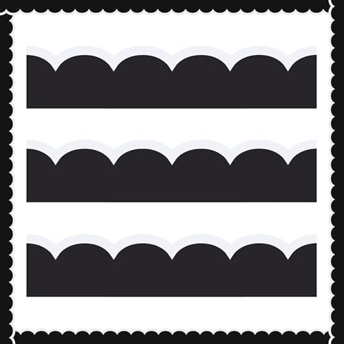 Leinuosen 50.5 ft Bulletin Board Borders 44 Pcs Black and White Wave Line Scalloped Border Trims with 20 Sheet Glue Point Dots Back to School Decoration for Home Classroom School Office Decor(White)