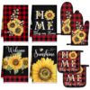 Leinuosen 8 Pcs Sunflower Red Black Checkered Kitchen Towels and Dishcloths Sets Pot Holders and Oven Mitts Sets Absorbent Kitchen Gloves Potholders Heat Resistant for Chef Baking Cooking