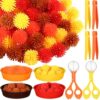 Leitee 71 Pcs Sensory Bin Filler Include 60 Hedge Balls 4 Tweezers 2 Scissors Clips 5 Cups Fine Motor Skills Toys Set for Boys Girls Early Education and Counting Sorting Training(Orange,Autumn)