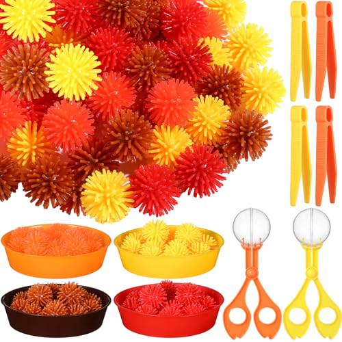 Leitee 71 Pcs Sensory Bin Filler Include 60 Hedge Balls 4 Tweezers 2 Scissors Clips 5 Cups Fine Motor Skills Toys Set for Boys Girls Early Education and Counting Sorting Training(Orange,Autumn)