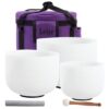 Leize Crystal Singing Bowl Tuned Quartz with Suede Striker Carry Case Bag, Set of 3 PCS 432HZ 6" A 8" F 10" C, Frosted White