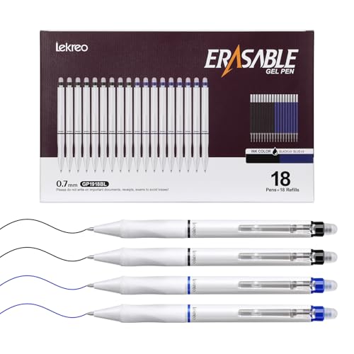 Lekreo 18 Counts Erasable Gel Pens, 0.7mm Fine Point Retractable Clicker Pens with 18 Black Blue Refills,Make Mistakes Disappear for Writing Planner Drawing and Crossword Puzzles