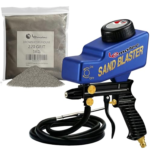 LE LEMATEC Sandblaster + Brown Corundum Media Starter Kit — AS118-2C Portable Sand Blaster Gun + #220 Aluminum Oxide Abrasive for Rust Removal, Metal Surface Prep & Auto Restoration