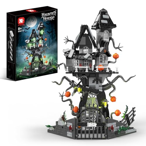 Leleopodo Haunted House Building Set for Kids & Adults 8+ – Treehouse Gothic Castle Kit with Spooky Green LED Lights, 598+ Pcs Halloween Home Decor, Gift for Horror Movie Fans & Collectors