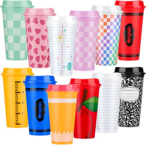 LemonRoad 12 Pack Back to School Teacher Gifts 16 oz Reusable Coffee Cups Bulk Composition Tumblers with Lid Plastic Cups Travel Mug for First Day of School Party Supplies Hot and Cold Drinks