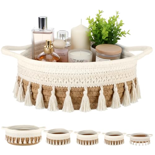 LemonRoad 5 Pcs Round Hand Woven Storage Basket with Handle Multi-size Cotton Rope Small Container Bin for Shelves Empty Gift Basket Closet Toilet Bathroom Nursery Dresser Organizer Boho Decor (Brown)