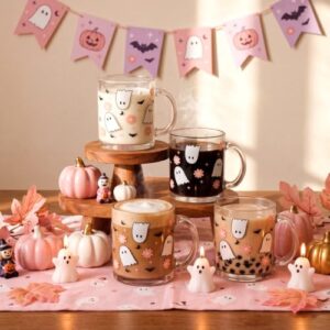 LemonRoad Set of 4 Halloween Glass Coffee Mugs, 12 oz Cute Ghost Clear Glass Cups Hot Cocoa Tea Mug Fall Drinkware Halloween Gifts for Party Favor Decor