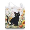 LeMotech Floral Black Cat Canvas Tote Bag with Inner Zipper Pockets Vintage Reusable Shopping Shoulder Grocery Bag for Women Aesthetic Gift