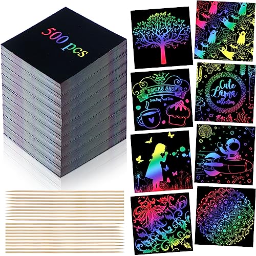 Lenwen Scratch Cards Rainbow Note Scratch Pads with 20 Bamboo Stylus for Adult Paper DIY Paper Craft Kits Birthday Party Favors Supplies(Rainbow,500)