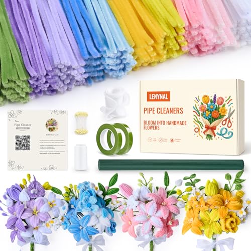 LENYNAL 500 Pcs Pipe Cleaners Bulk Craft, 10 Colors Pastel Pipe Cleaner Flower Kit, Glue-Free & Safe for Kids, Step-by-Step Tutorial, Chenille Stems for Flower Making