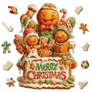 Leodozzio Christmas Wooden Puzzles for Adults & Kids, Gingerbread Family Puzzle 200 Pieces, 5MM Unique Shape Winter Jigsaw Wood Puzzle for Grandkids, Holiday Decoration Gifts, Family Game, 9x12.2 in